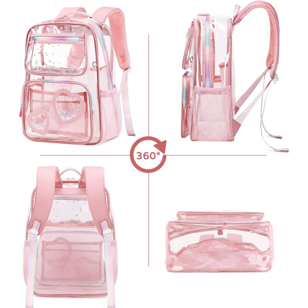 Clear Backpack for Girls Women Transparent Kids Elementary College School Bag Travel Laptop Backpacks Large Bookbags (Pink)