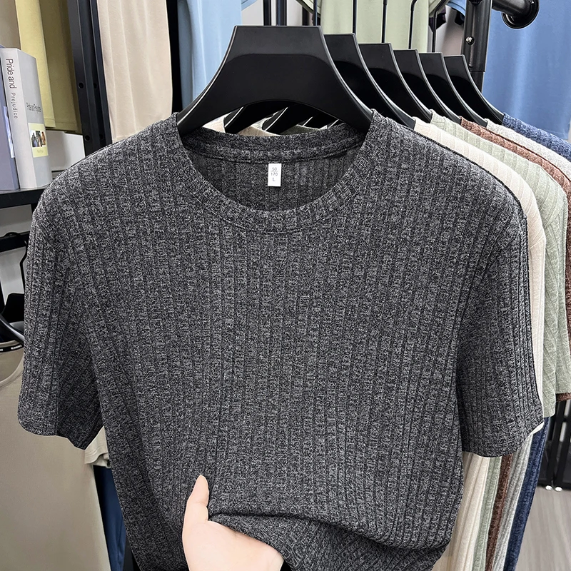 Herren Gestricktes Geripptes Gestreiftes T-Shirt Kurzarm O-Ausschnitt Atmungsaktiver Komfortabler Stoff Sommer Lässig Geschäftlich Tägliche Kleidung – Detail 14