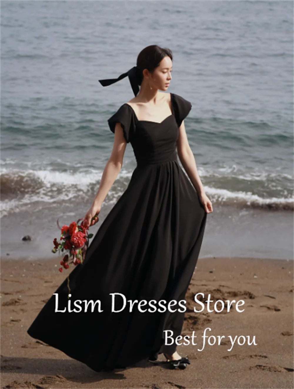 LISM Black Elegant Evening Dresses Short Sleeves A-line Draped Bridal Gown Floor-Length Wedding Reception Dresses Photo Shoot