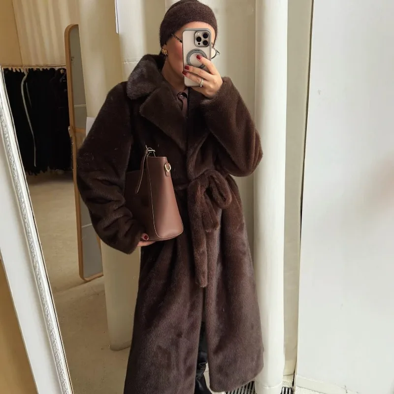 Retro Mink Fur Coat Belt Thickened Suit Collar Faux Fur Coat Women Extended Eco-friendly Artificial Fashion Warm Women Clothing