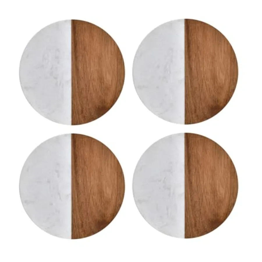 

4-Pack Marble and Acacia Wood Coasters, 4-Inch Round Natural Wood Drink Coaster Set for Modern Coffee Table, Bar and Office, Fu