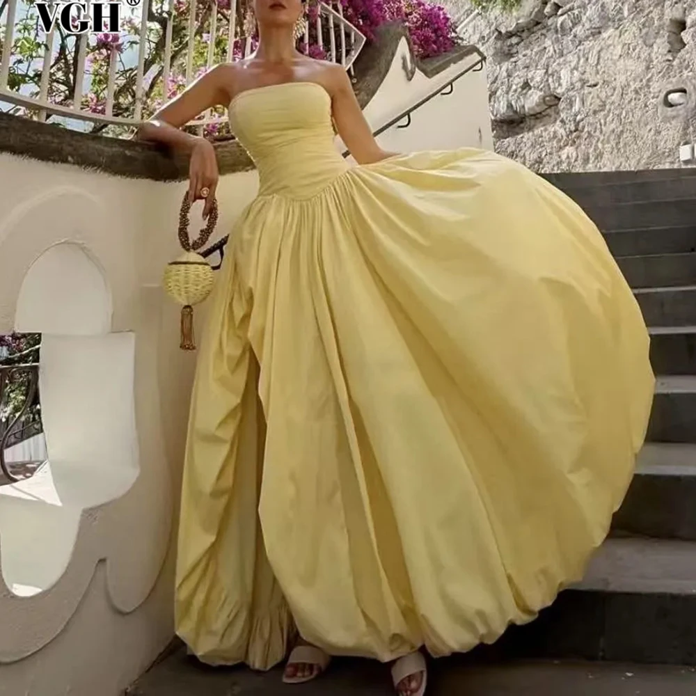 

VGH Solid Slim Fit Temperament Dinner Dresses For Women Strapless Sleeveless Backless High Waist Elegant Dress Female Fashion