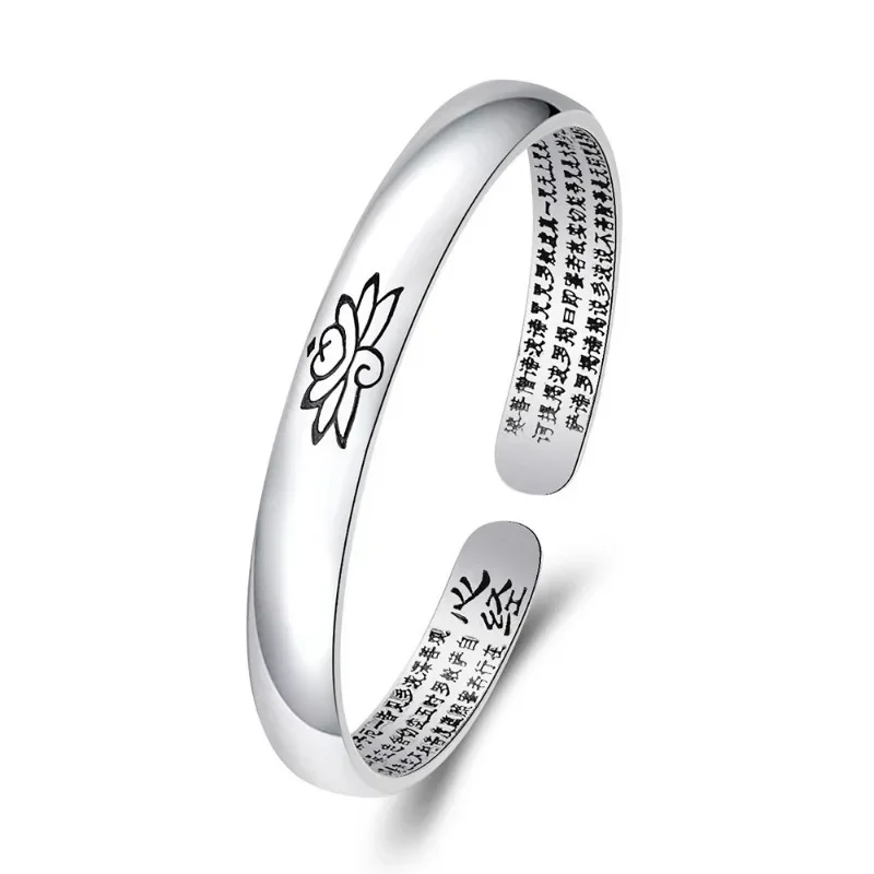 Simple and Fresh Style 925 Silver Vintage Matte Bangles Engraved Heart Sutra Lotus Flower Bracelet for Women Jewelry Opening