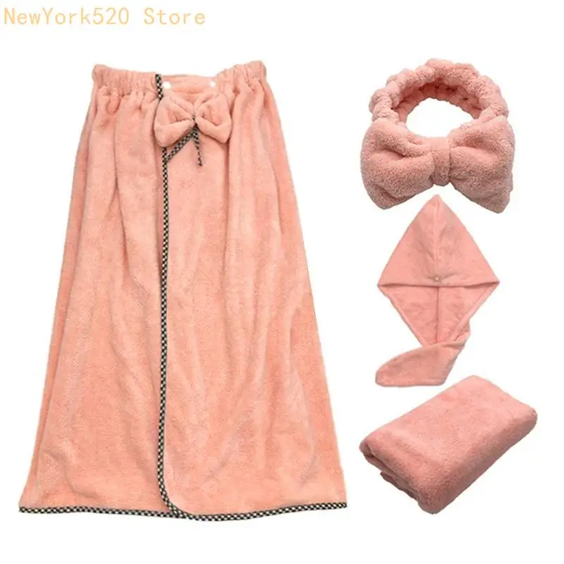 4Pcs/Set Women Wearable Bath Wrap with Towel Headband Hair Dry Cap Sweet Bow Microfiber Coral Bathrobe Blanket N84C