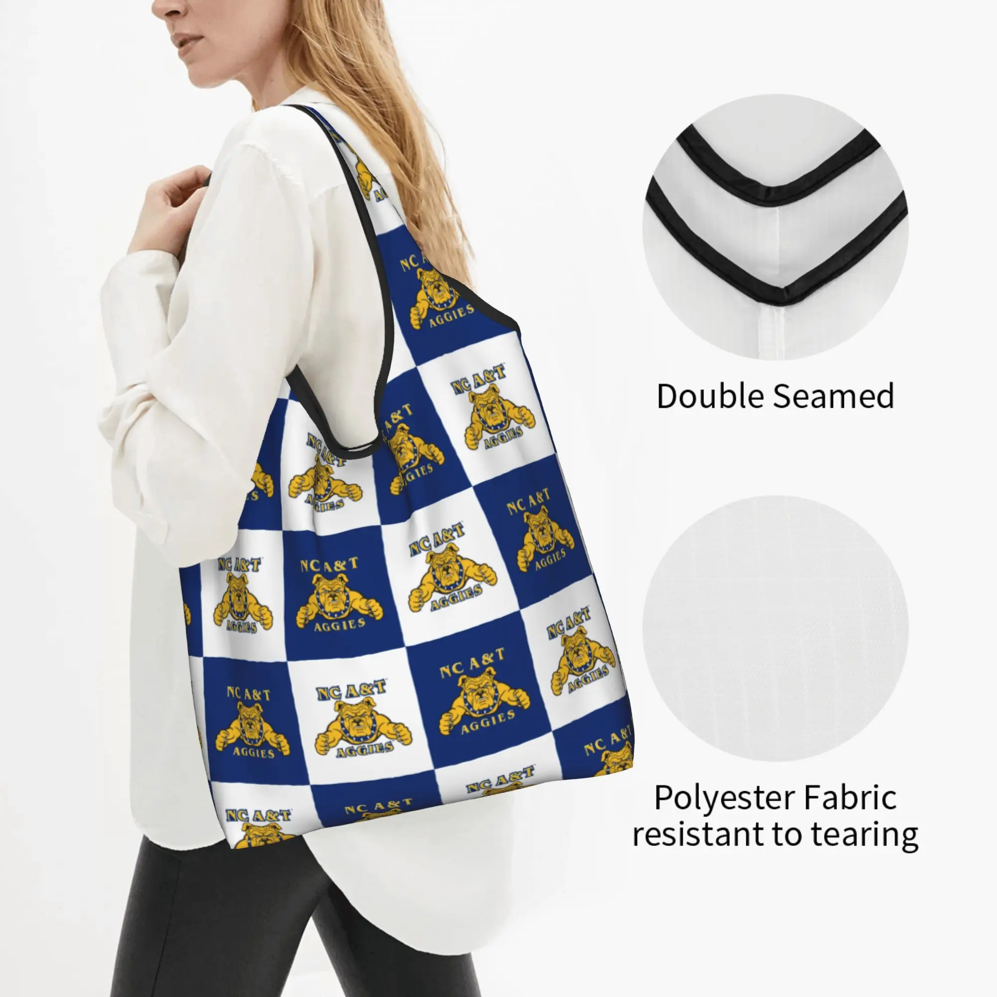 Recycling NC A&T HBCU Fraternity Aggies Shopping Bag Women Tote Bag Portable Checkered Plaid  Grocery Shopper Bags