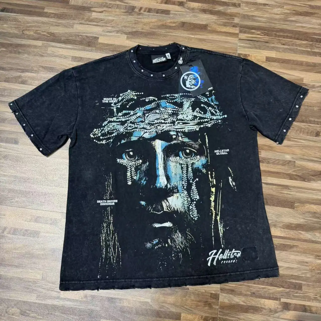 Retro American Print Cotton round Neck Short Sleeve T-Shirt Washed Vintage Faded Rhinestone High Street Style Unisex T-Shirt