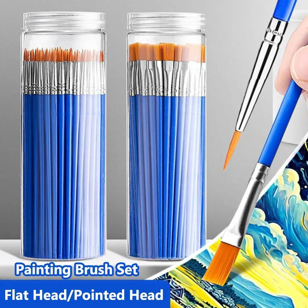 

10/50PCS Flat Head/Pointed Head Oil Painting Brush Nylon Hair Long Rod Set Painting Watercolor Brush Art Painting Supplies