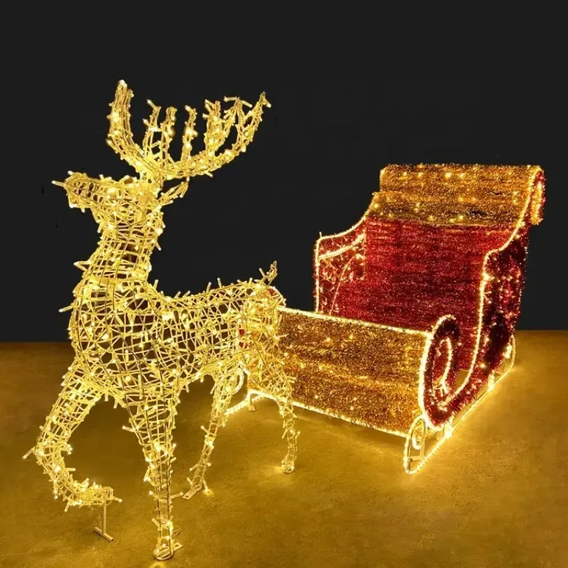 

Outdoor Commercial Festive Wedding Decorations Warm White Glowing Christmas Reindeer Carriage Pattern Lights