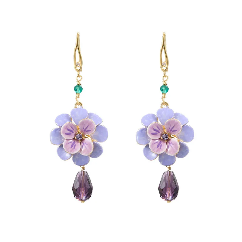 

Hand-painted Enamel Purple Multi-layered Flower Ear Hook Niche Design Russia Style Retro Camellia Shaping Earrings Little Hoop
