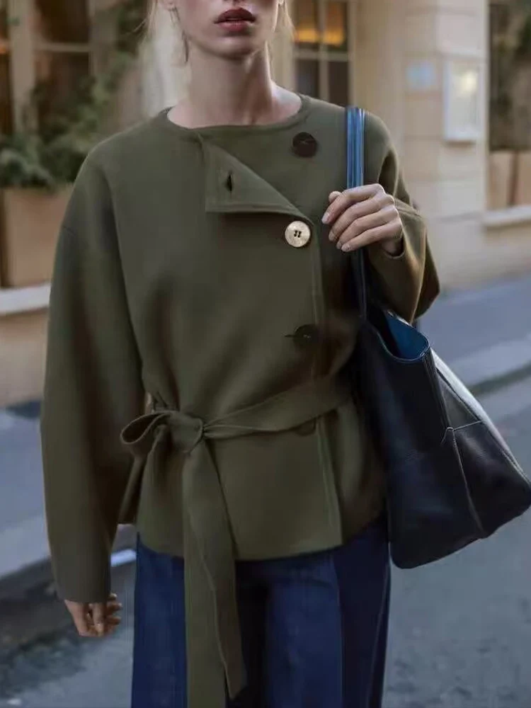 

European style new women's fashion all-match temperament round neck with belt knitted short jacket coat