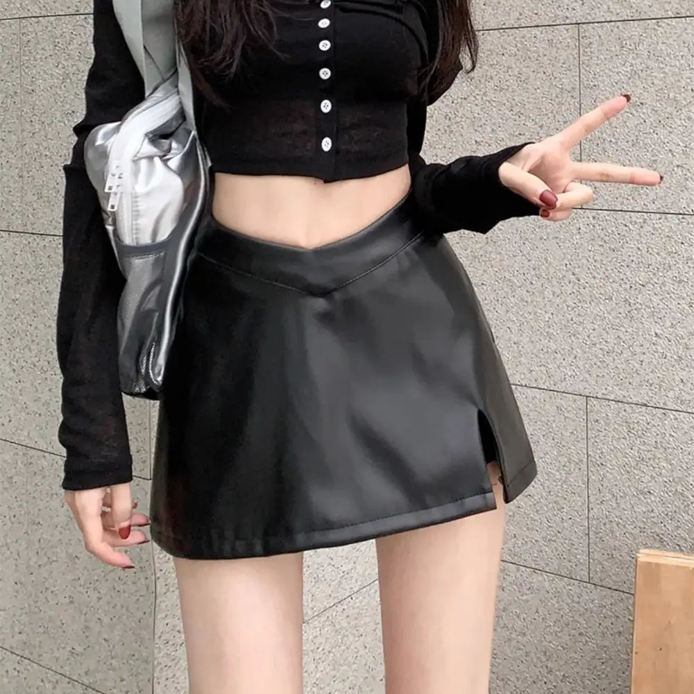 

Split PU Leather Skirt Solid Color Waterproof Short Mini Skirts Spicy Girl Style Retro High Waist A-line Skirt Summer