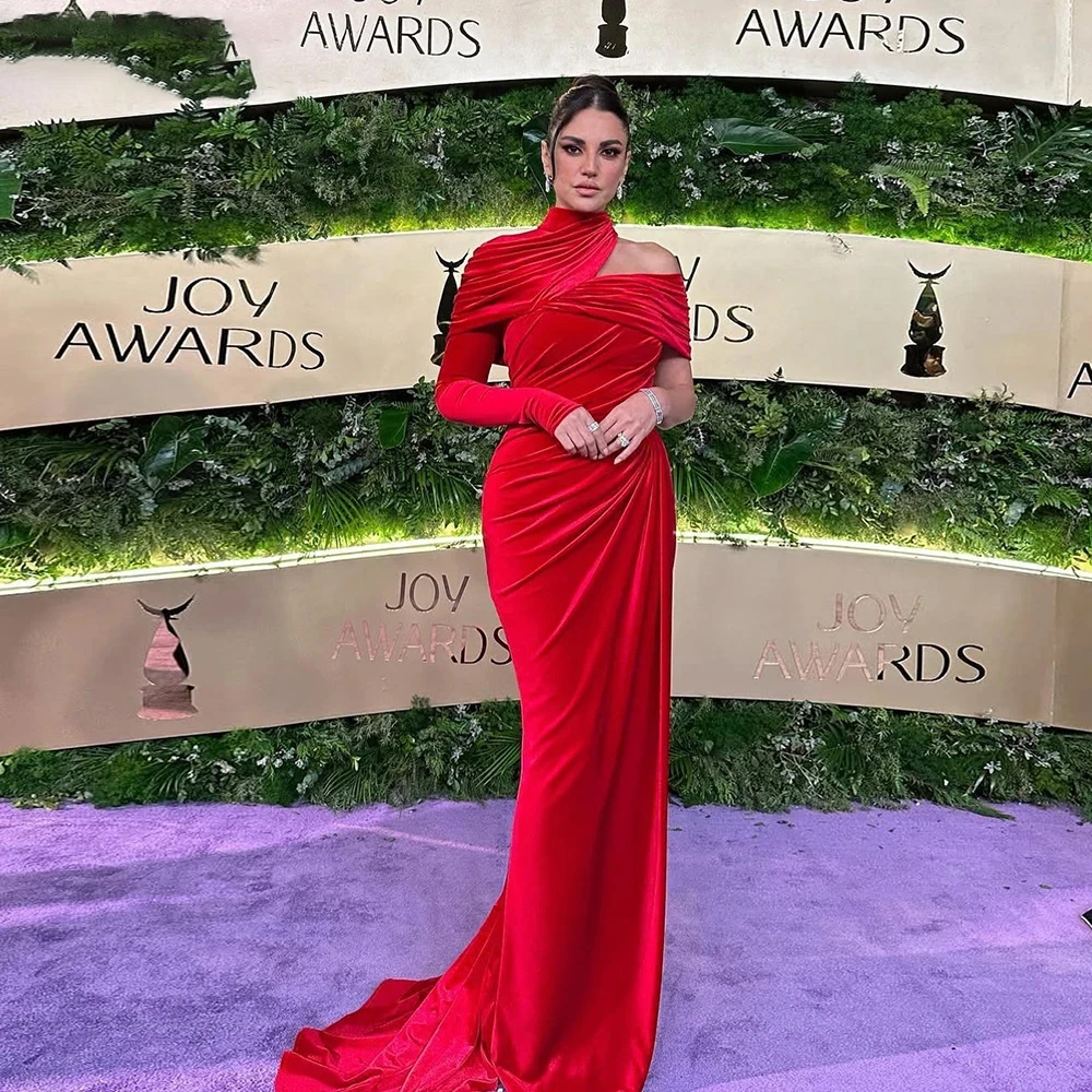 

Customized High quality Classic Formal Velour Pleat A-line One-shoulder Long Dresses Evening Dresses Simple Retro Elegant