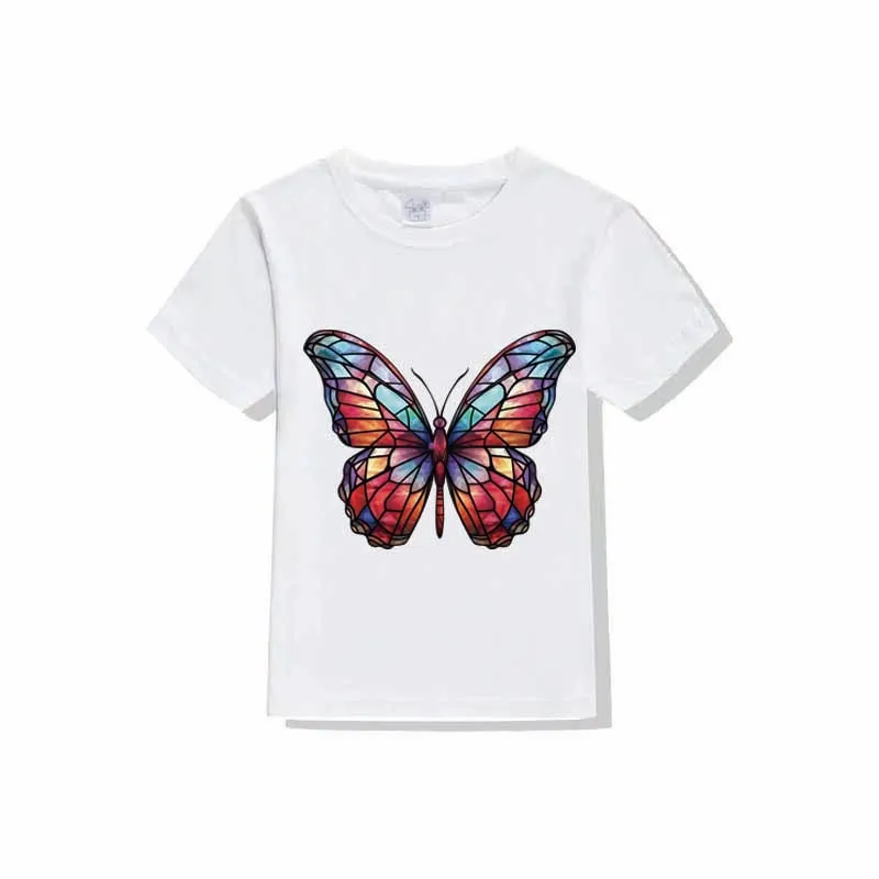 Fashion cartoon Glass color butterfly flower style t-shirt painting pattern art flower Heat hot Transfer Printing DTF Washable