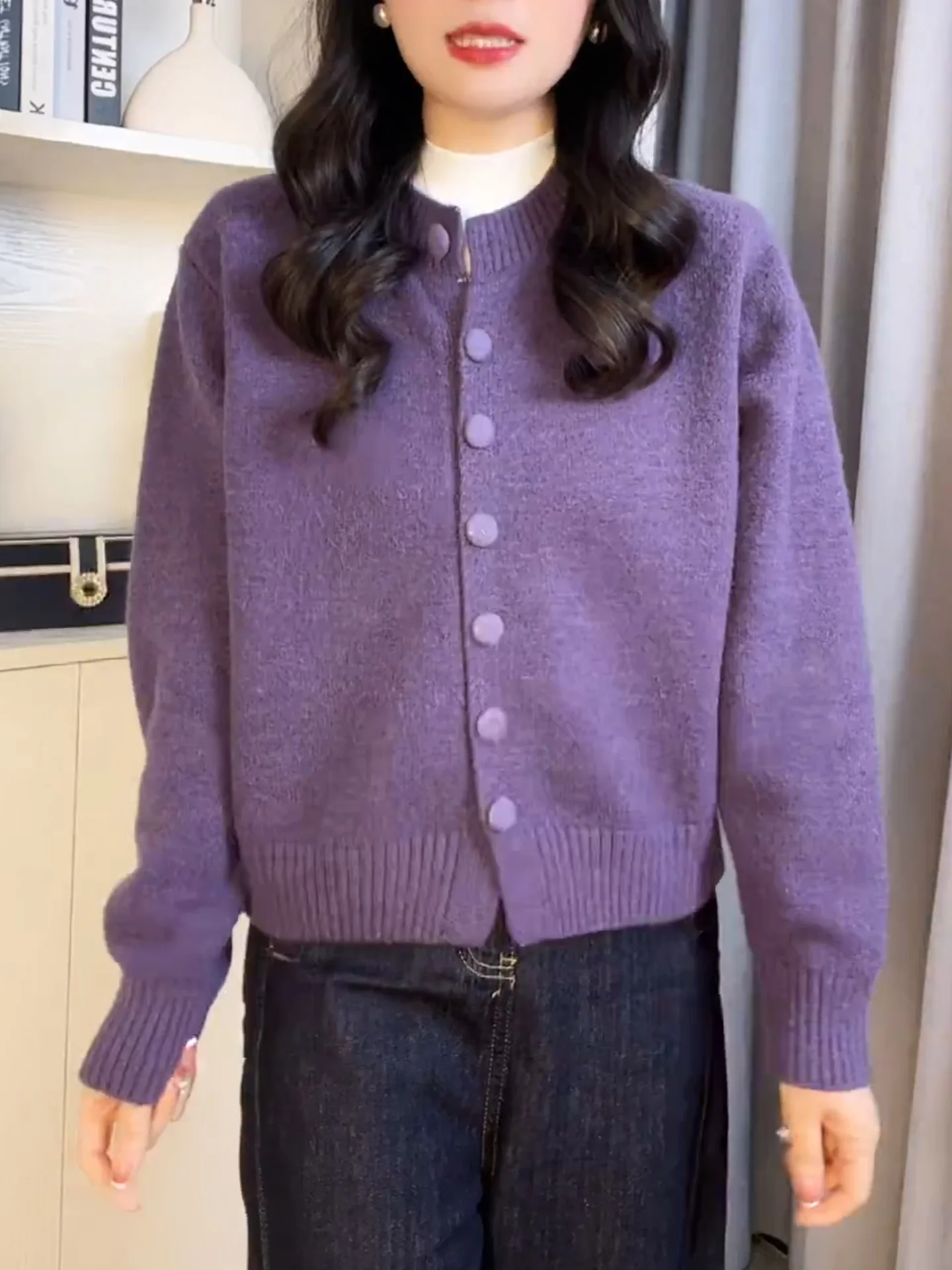 

Faionable Purple round Ne Knitted Open Cardigan Sweater Women's Korean Sle Large Size Comfortable Top Snow Dr Yu