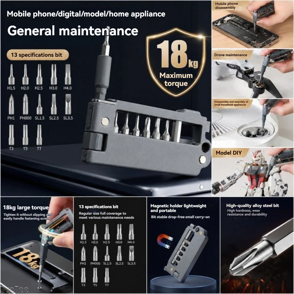 3D Printed Portable 13-in-1 Batch Head Bits Combo Set with Key Ring for Phillips Screwdriver Head Magnetic Bike Repair Tools