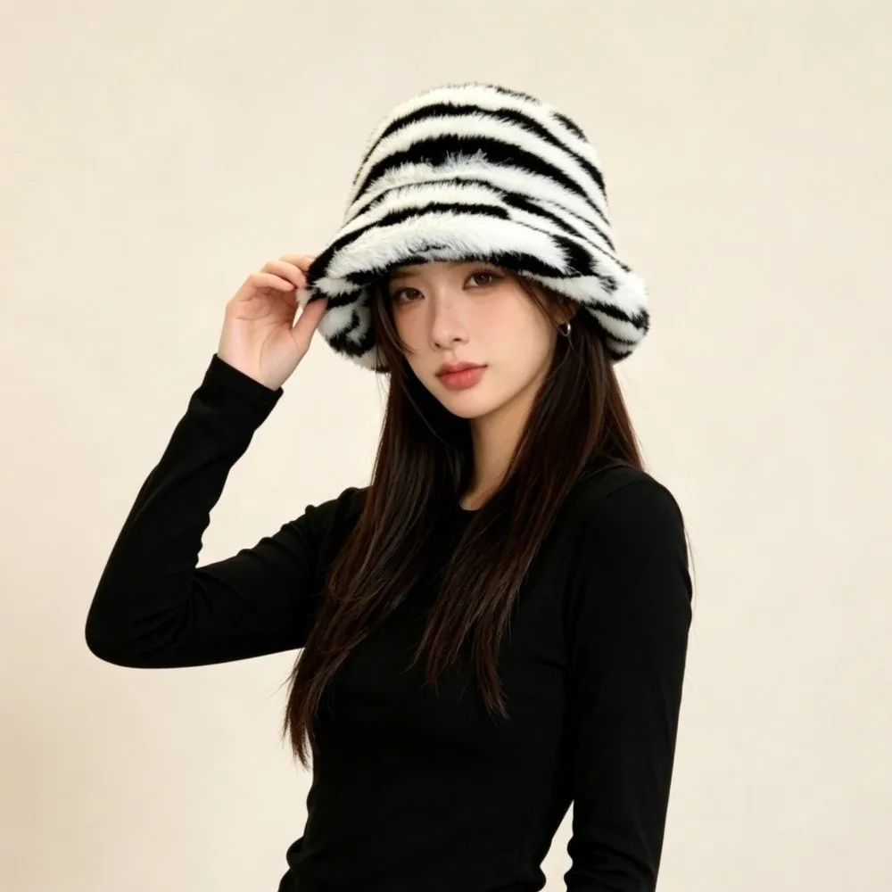 Warm Zebra Pattern Winter Bucket Hat Fluffy Faux Fur Striped Fisherman Hat Thickened Soft Bonnet Cap