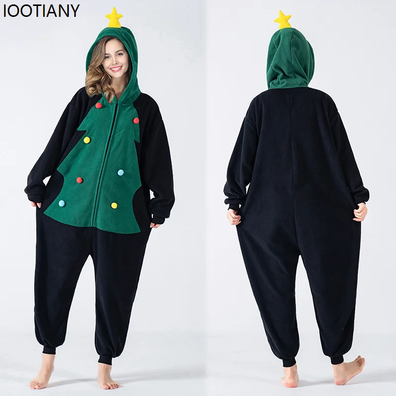 

Unisex Polar Fleece Christmas Tree Cosplay Jumpsuits Anime Cartoon Hooded Home Costumes Autumn Winter Warm Holiday Party Pajamas