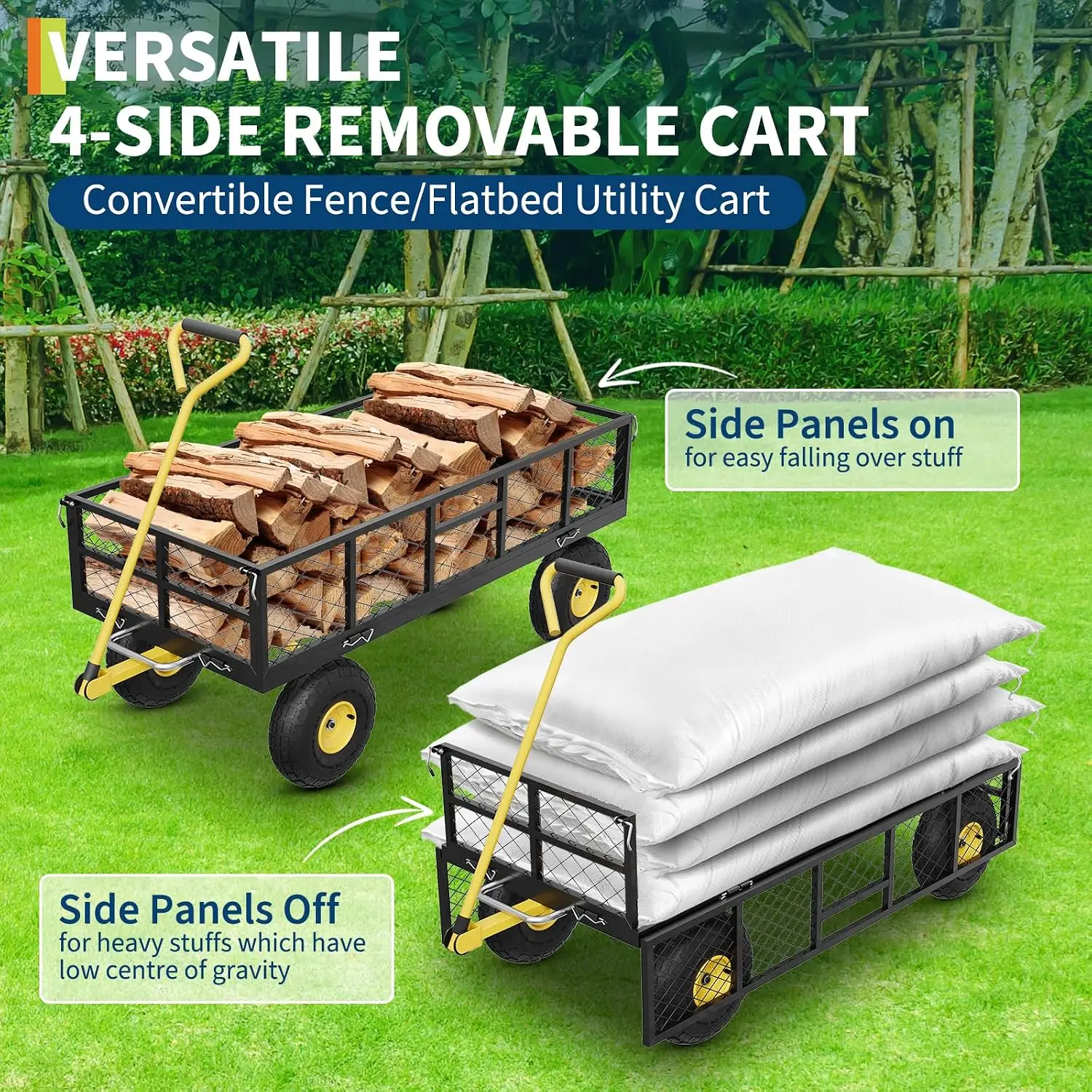 Garvee 900 lb Barrow Outdoor Steel Folding Cart with Removable Mesh Sides Beach Wagon CartGarden Wagon Trolley Household Courtyard Camping Lawn 180° Swivel Handle,10inch Pneumatic Tires