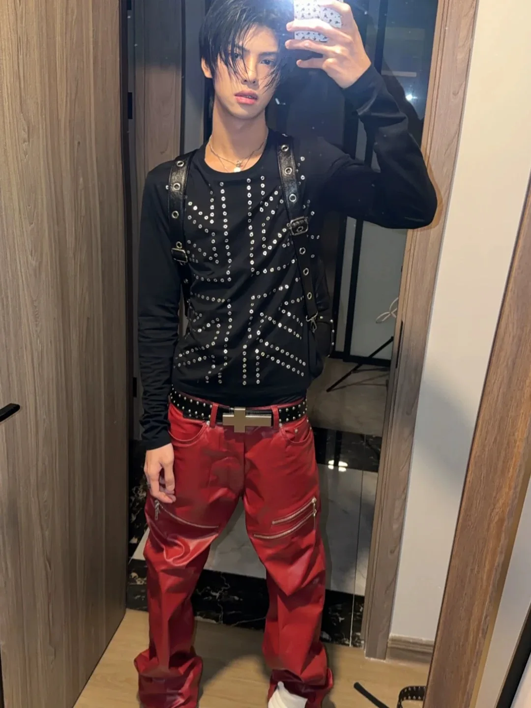 Y2K Visual Rivet Full-Length Bright Silver Rhinestone Men's Retro Streetwear Long Sleeve Spring Versatile Top Youth Fashion