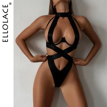 Ellolace bandagem lingerie sexy bodysuit feminino halter oco para fora roupas exóticas preto pornô inferior sissy corpo sensual quente