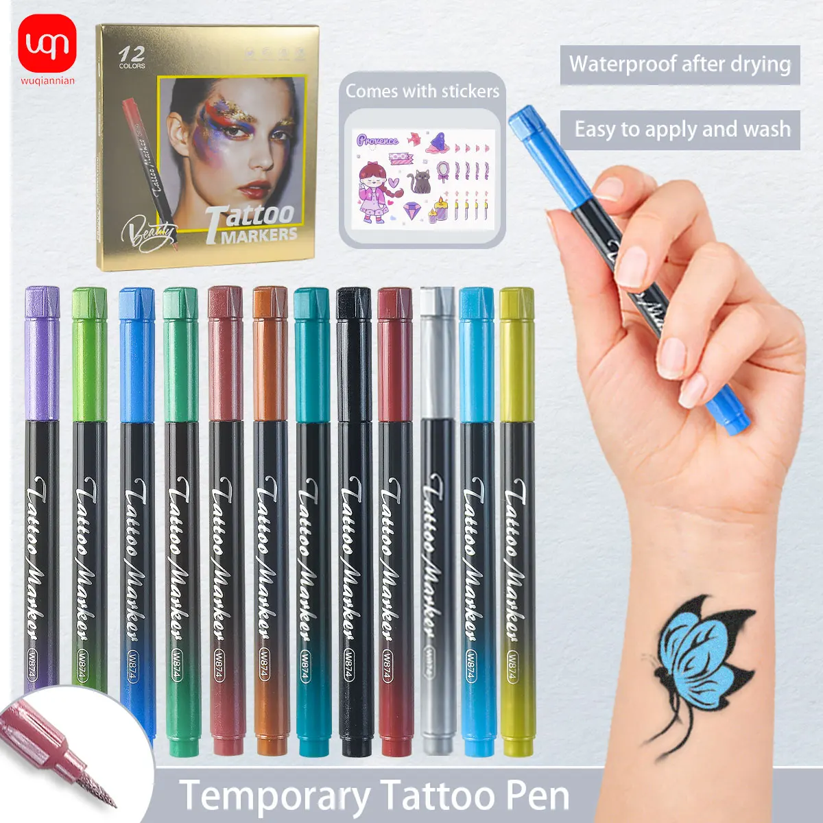 

Набор временных татуировочных ручек WQN-12pcs – водонепроницаемые, устойчивые к поту, простые в использовании, долговечные, высококачественные принадлежности для вечеринок и фестивалей.