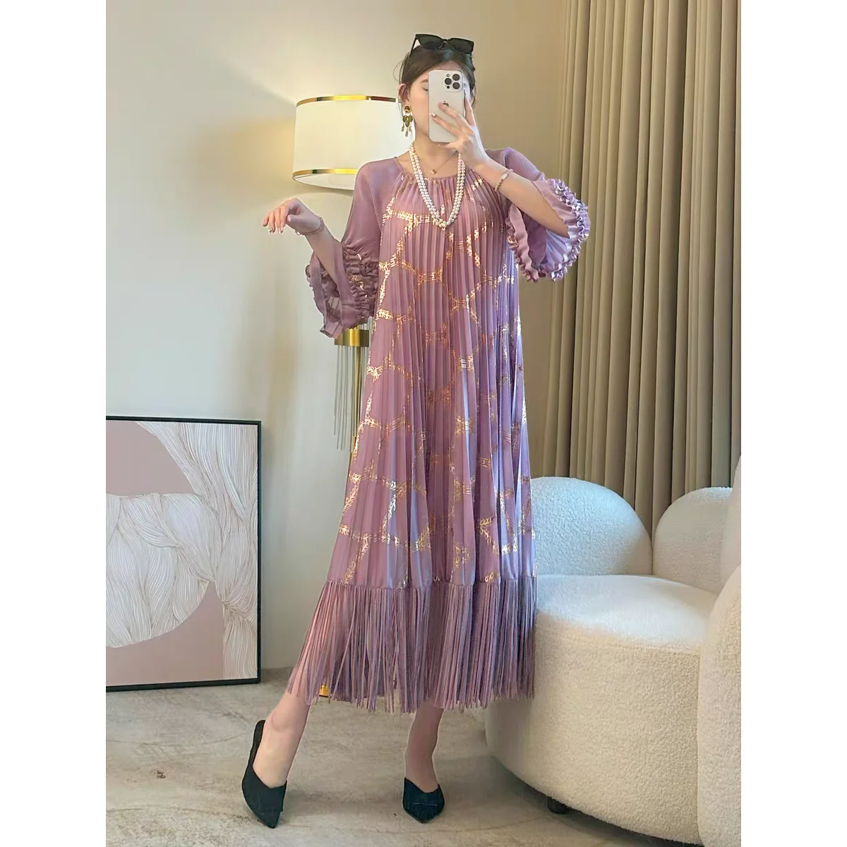 

Faionable Pleated Long Dr with Bell Sves And Wide Hem Loose Slimming Cross-Border Heat Gold Emed Ele Dra