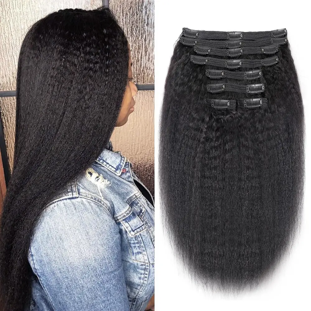 

Kinky Straight Clip In Hair Extensions 120G 8Pcs/Set Full Head Natural Black Hair Brazilian 100% Unprocessed Human Hair 32 Inch