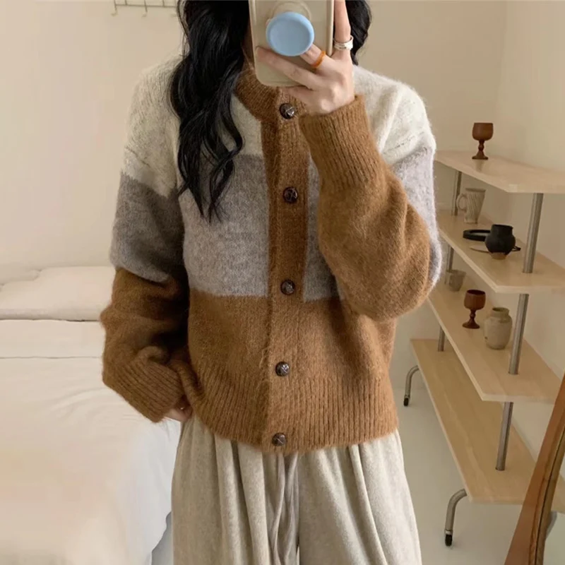 Harajuku Contrast Color Sweater Jacket Women Autumn Casual Student Versatile Knitted Cardigan Y2K Retro Patchwork Sweater Coat