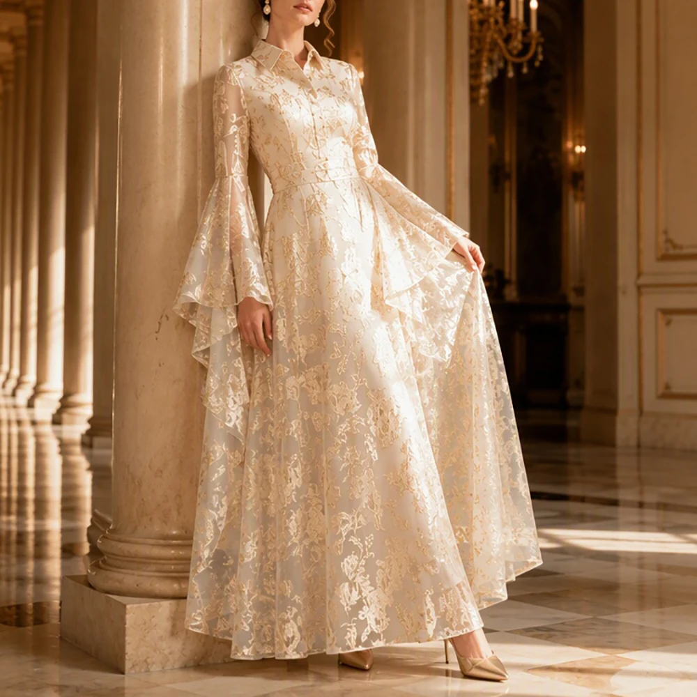 Women Organza Luxury Maxi Evening Gown Lapel Flare Sleeve Gold Embroidery Including Vest Bodycon Party Wedding Guest Dresses