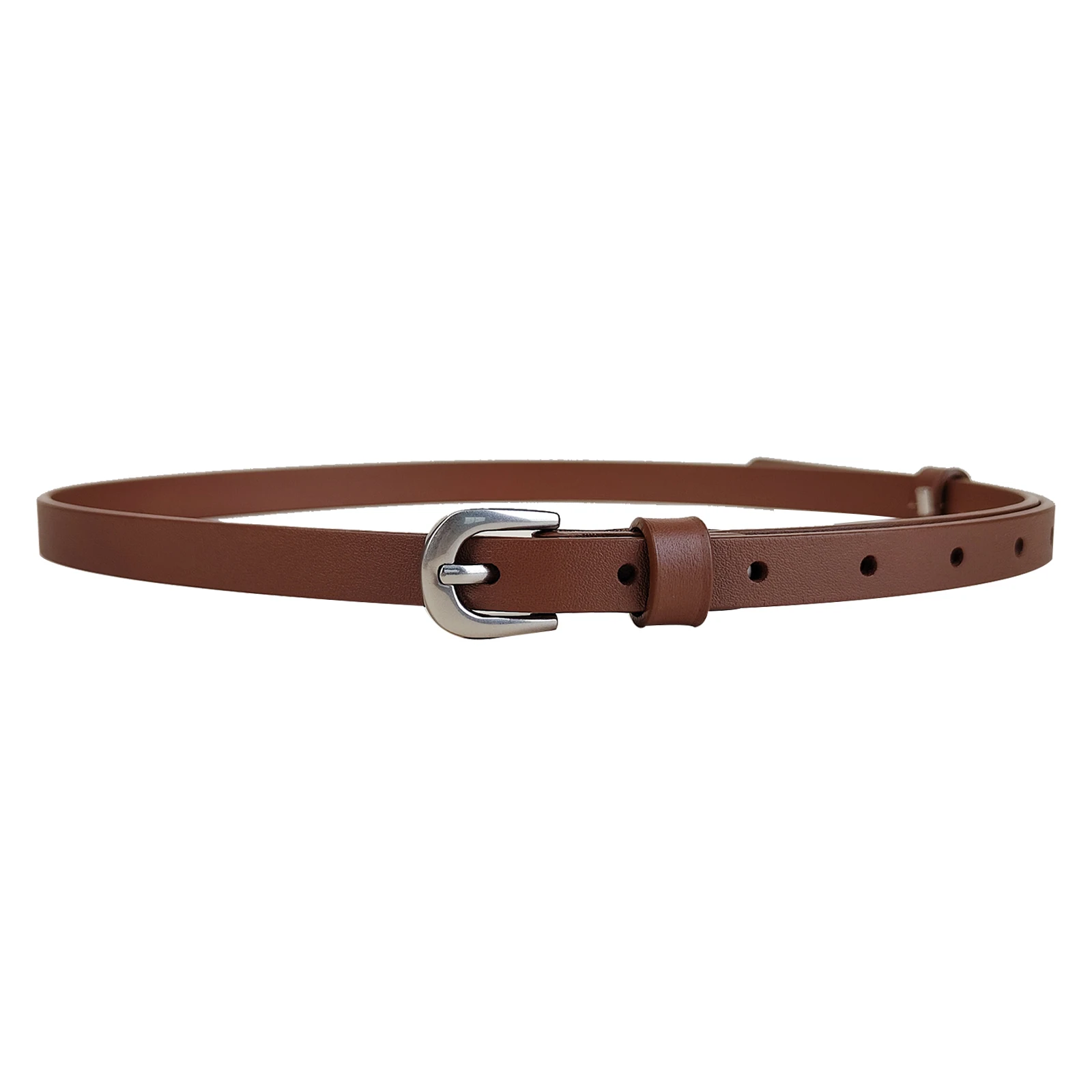 Women Genuine Leather Slim Waist Belt Silver Small Horseshoe Pin Buckle Solid Color Retro Style Adjustable Belt for Jeans