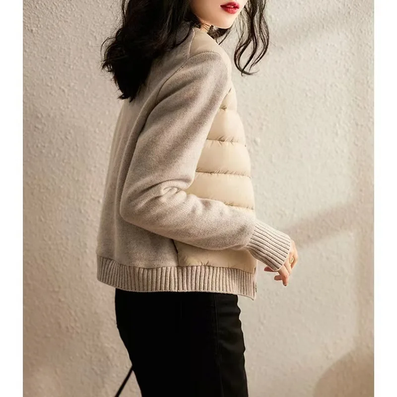 2025 Winter Sweater Splicing Down Jacket Short Foreign Zipper Casual Cardigan Down Cotton Clothing Women's Clothing