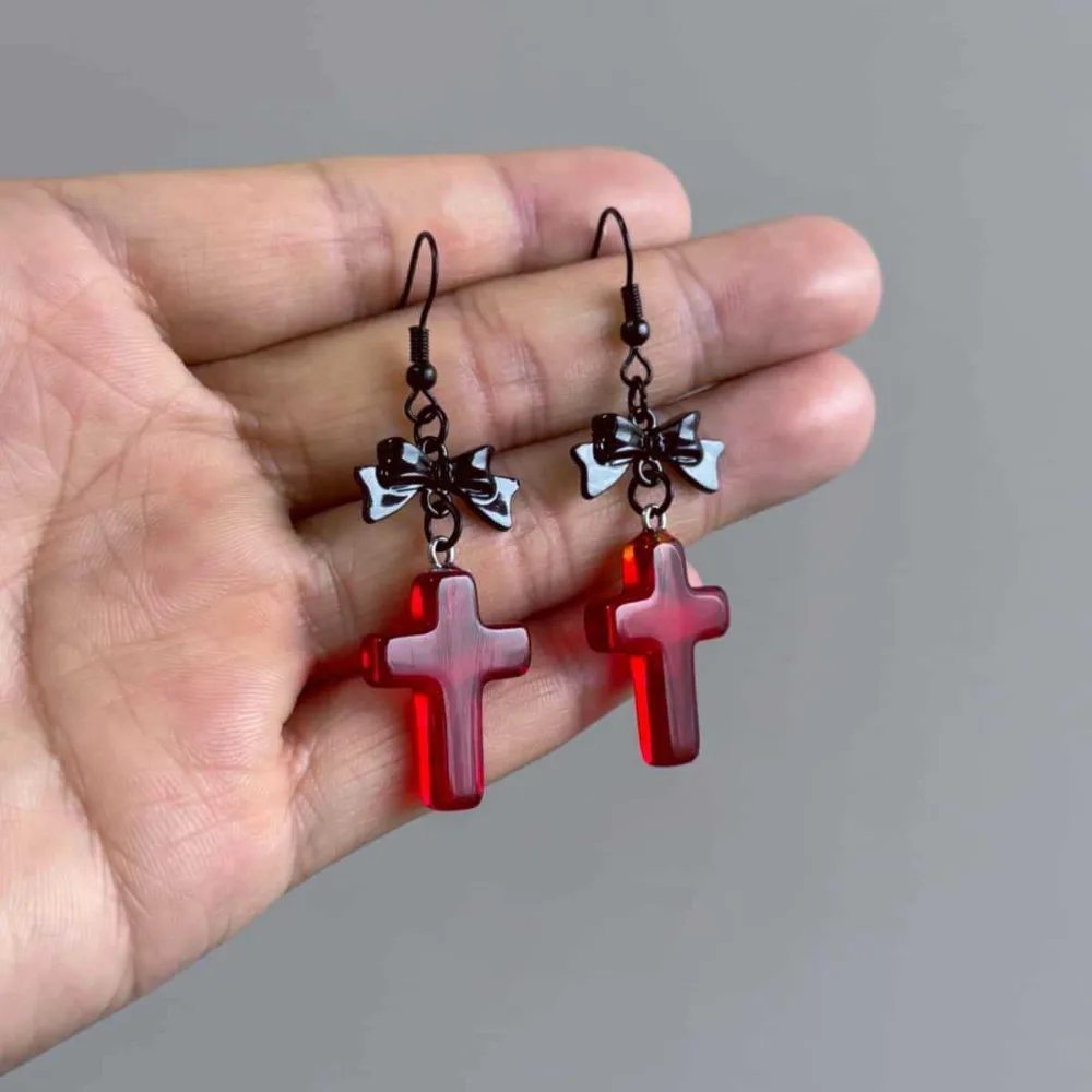 Gothic Renaissance Period Dark Vampire Bat Cross Filigree Deep Red Glass Crystal Dangle Earrings for Men Women Halloween Jewelry
