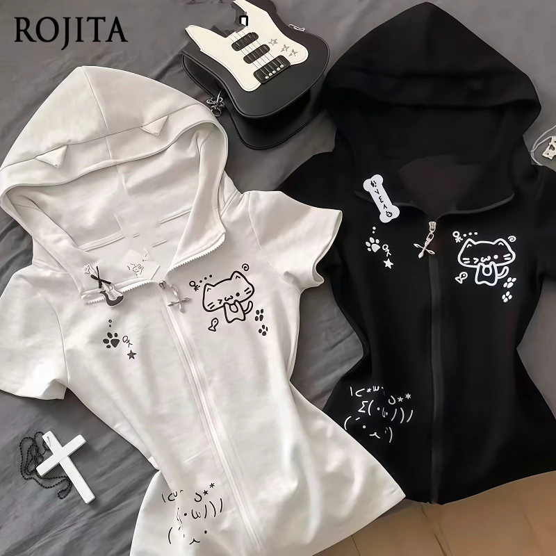 

Japanese Subculture Slim-fit Short Sleeve Thin Jacket Women Cute Cat Print Top Cotton Zip Cardigan Elastic Waist Casual Pants