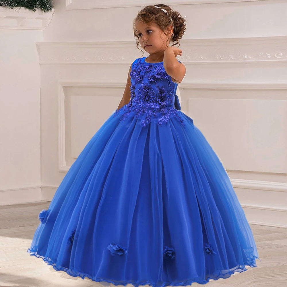 Elegant Long Flower Girl Dresses Bow Tulle Bridesmaids Kids Dress for Girls Wedding Formal Gala Birthday Gown Christmas Costumes