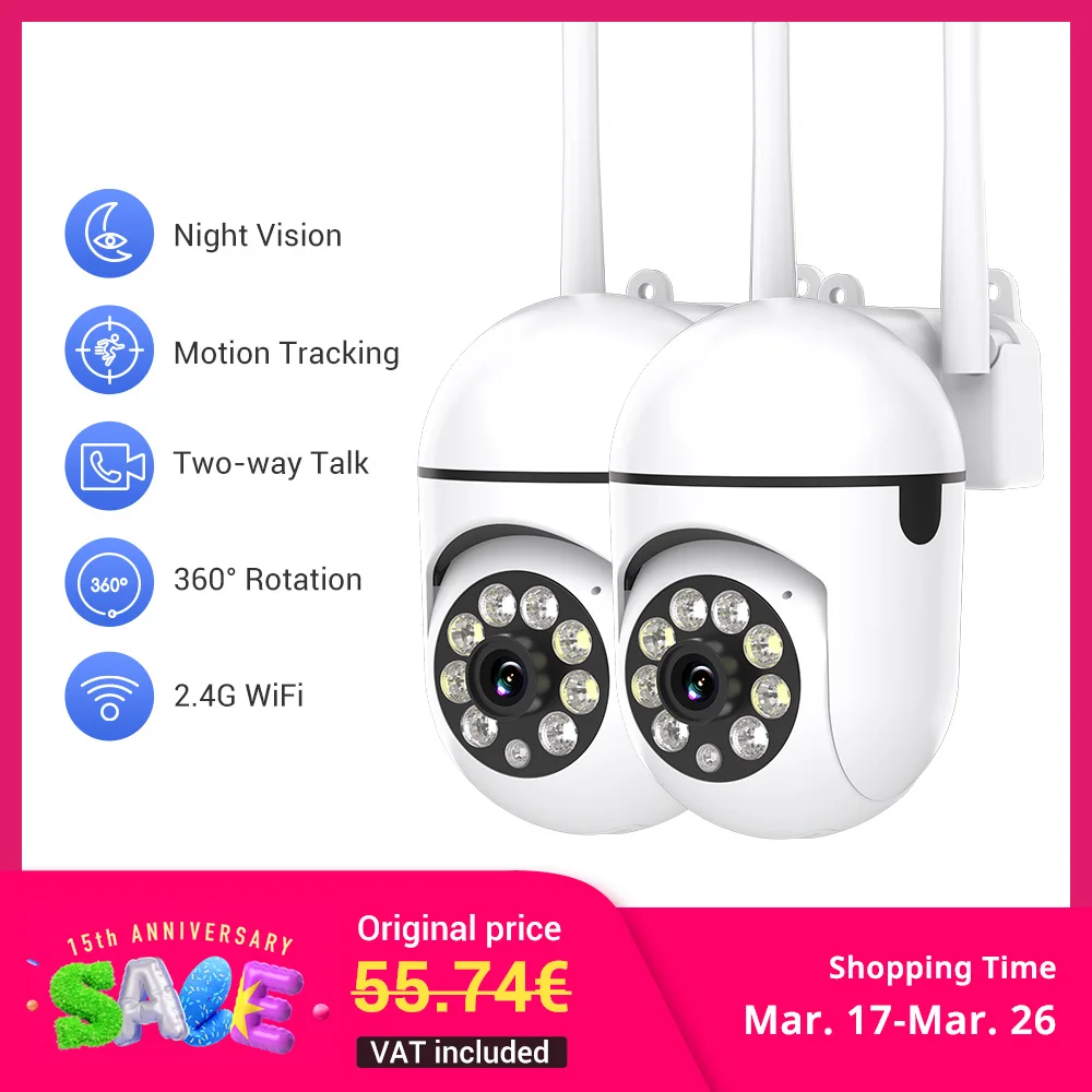 2PC Ease Life APP Wireless 1080P HD Indoor/Outdoor WiFi Security Camera, Color Night Vision, 2-Way Audio, 360° Pan/Tilt/Zoom, Mo