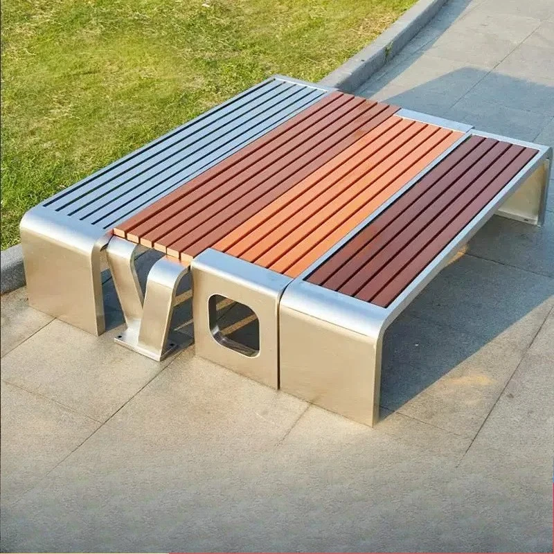 

Outdoor Courtyard Stainless Steel Park Bench Square Double Solid Wood Backrest Long Leisure Chair