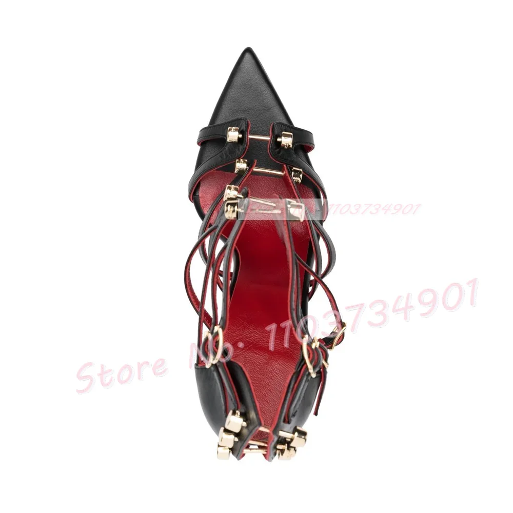 Metal Rivets Stiletto Sandals Lady Belt Buckle Pointy Toe Sandals Women Fashion Open Toe Sexy Chic Elegant Party Big Size Shoes