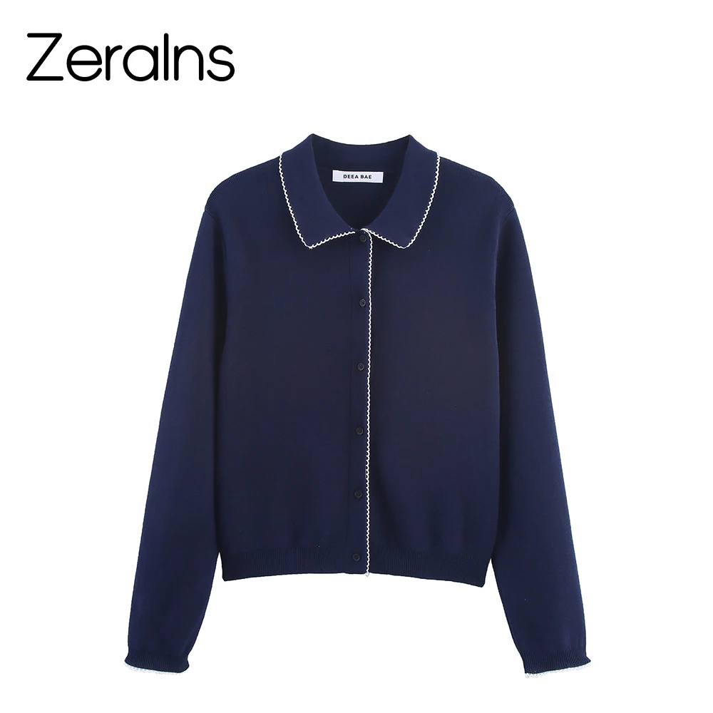 

ZERAINS Sweet and loose small round collar contrasting color wavy edge long sleeved knitted cardigan jacket for autumn 2025