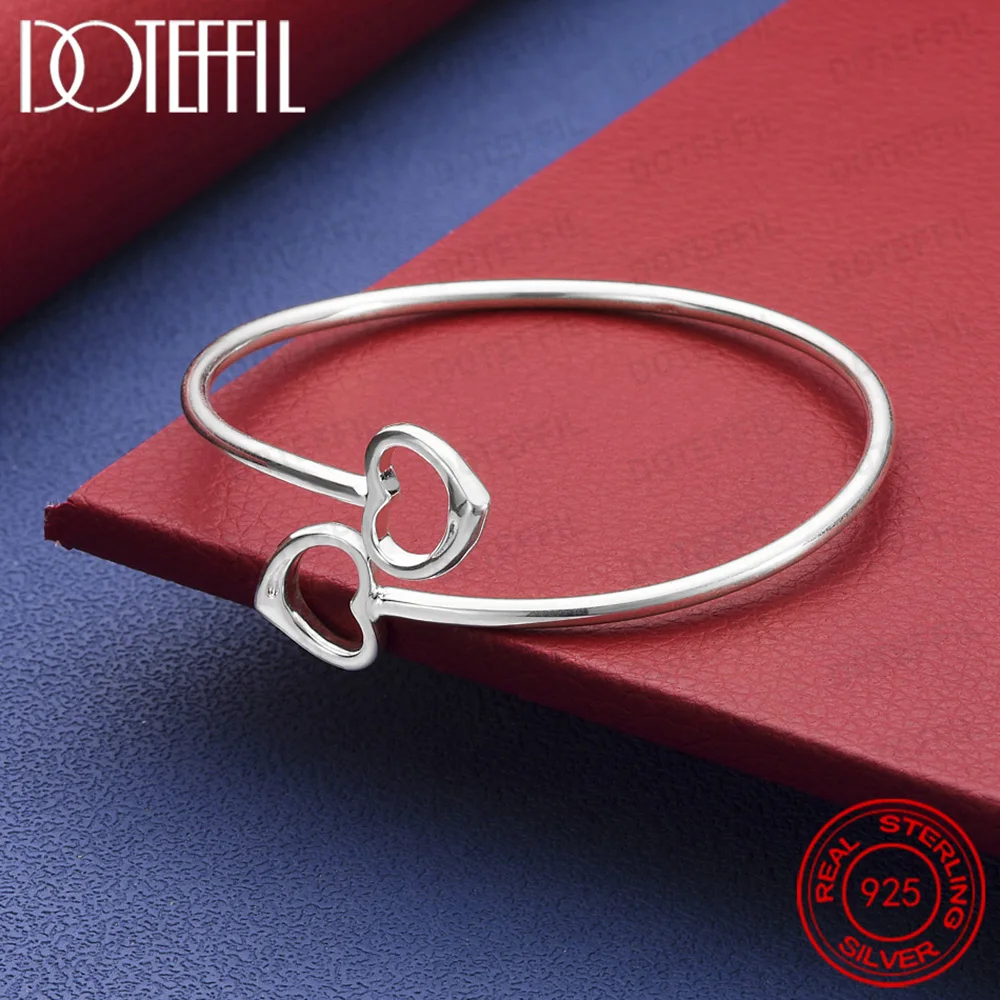 

925 Sterling Silver Double Heart Opening Bangle For Women Man Fashion Wedding Engagement Party Jewelry