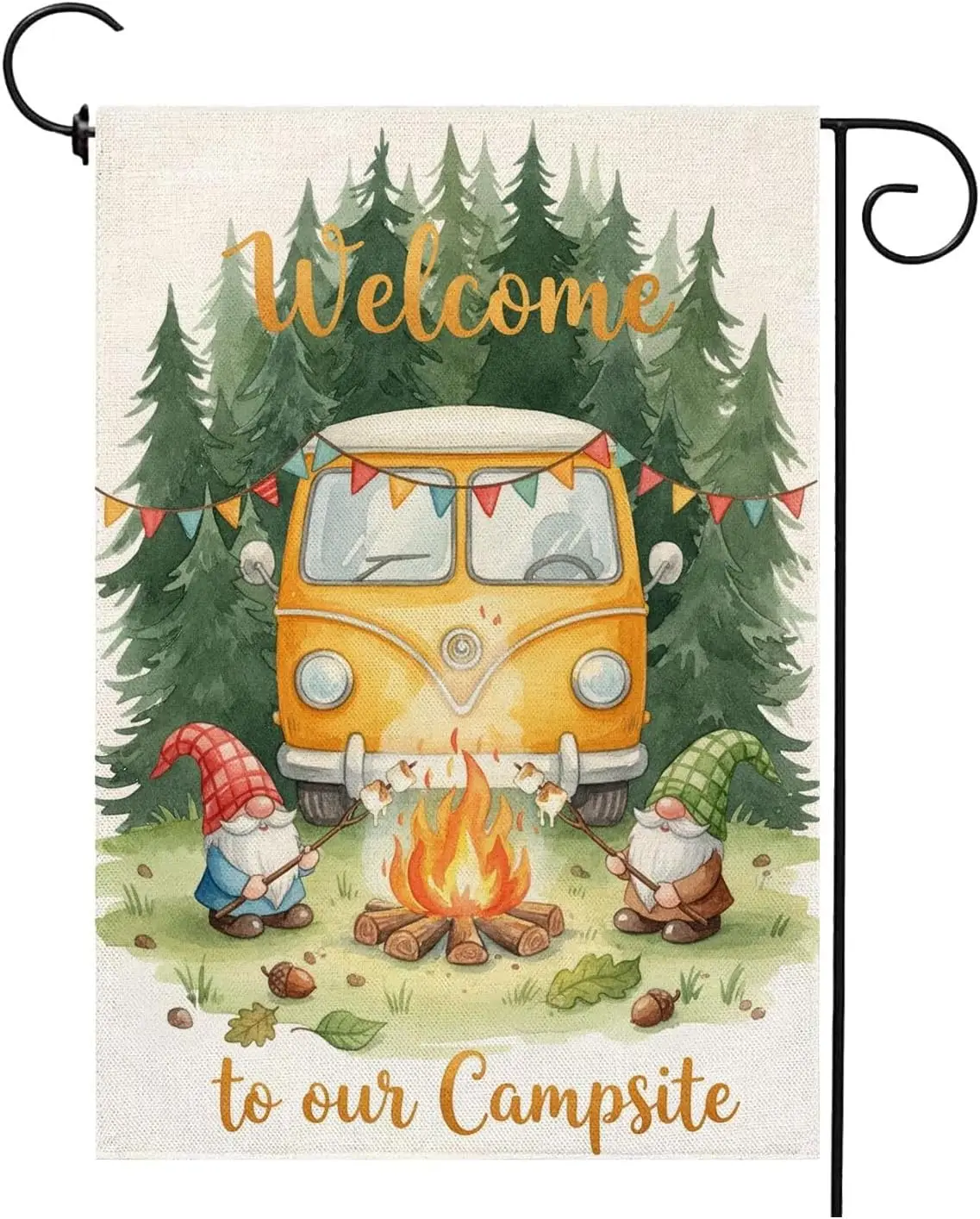 Welcome To Our Campsite Gnomes Camping Garden Flag Burlap 12x18 Inch Double Sided, RV Campfire Camper Yard Lawn Outdoor Deco PPZ