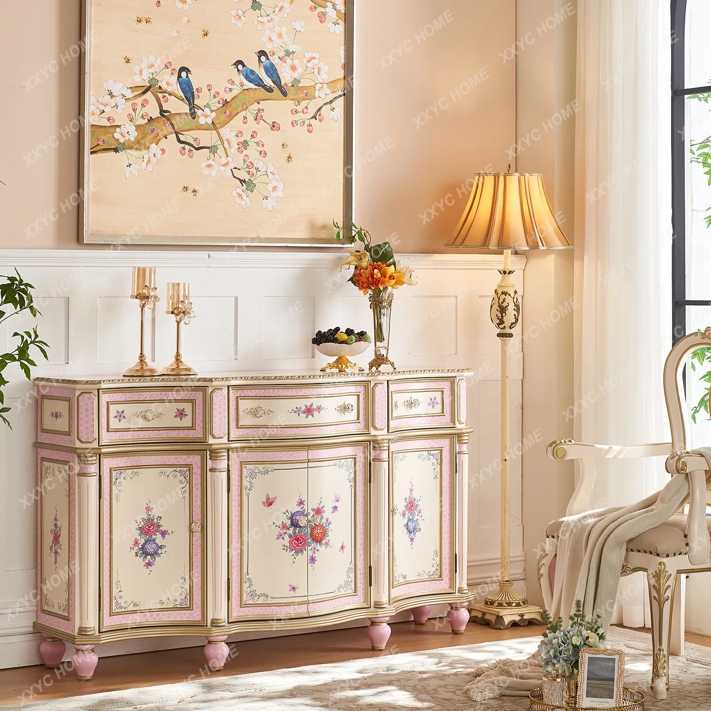

palace creamy luxury classical pink and white living room solid wood entrance decorative cabinet