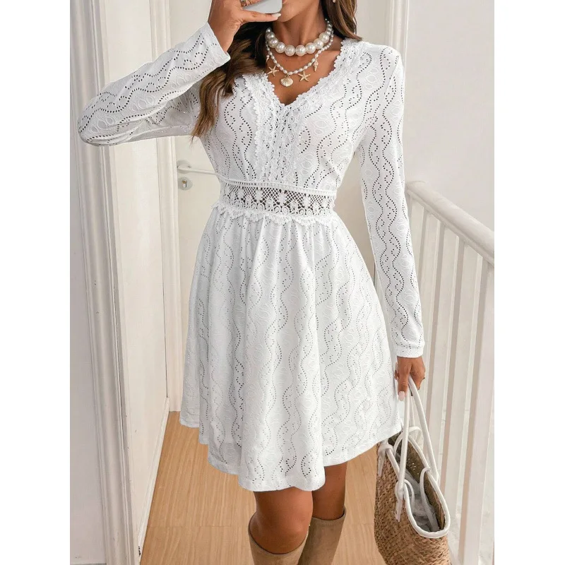 

2026 New Fashion Lace Ruffle Dresses Women Spring Sexy And Elegant Solid Color Hollow Flying Sleeves Mini Dress For Women
