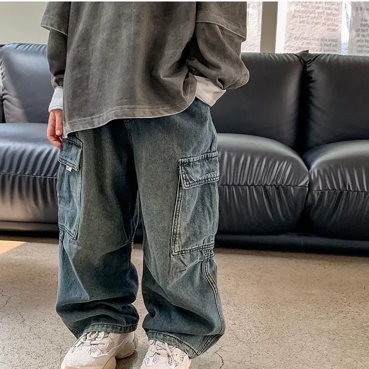 Kinder Jungen Jeans Frühling Herbst Kinder Baby Jungen Denim Hose Seitentaschen Kleinkind Jungen Lose Gerade Hose Streetwear Jungenhosen – Detail 1