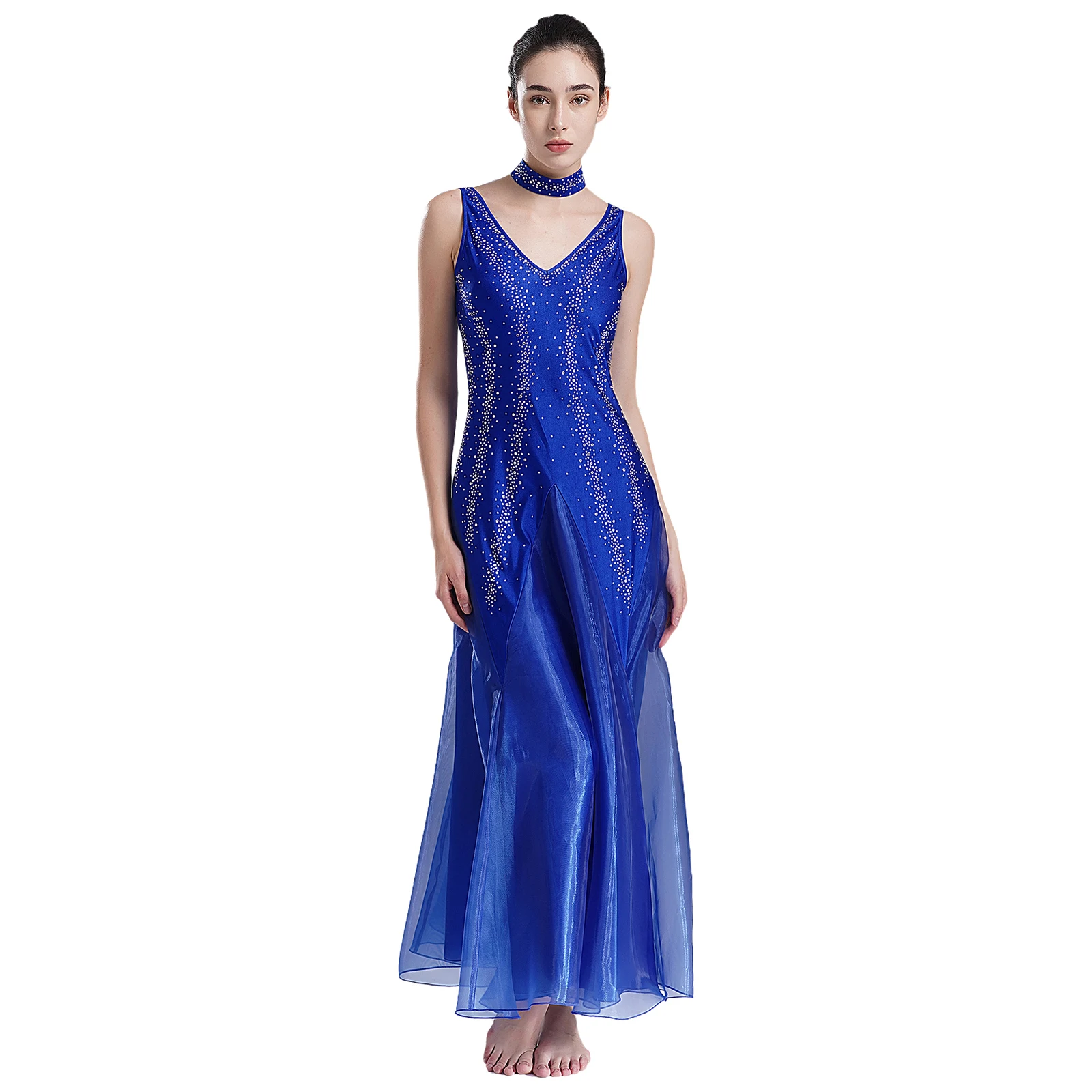 Women Modern Lyrical Dance Ballroom Waltz Performance Clothes Sleeveless Backless Shiny Rhinestones Mesh Maxi Dress with Choker