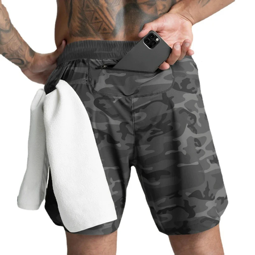 

Men's summer camouflage shorts, single-layer fabric, quick-drying, for running, training, fitness, men's zip shorts, sportswear