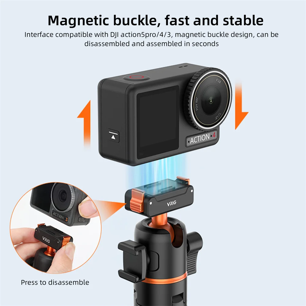 VRIG Magnetic Tripod for DJI Osmo Action 6 5 4 3 Adjustable Selfie Stick Stand Action Camera Accessories w 360 BallHead&ColdShoe