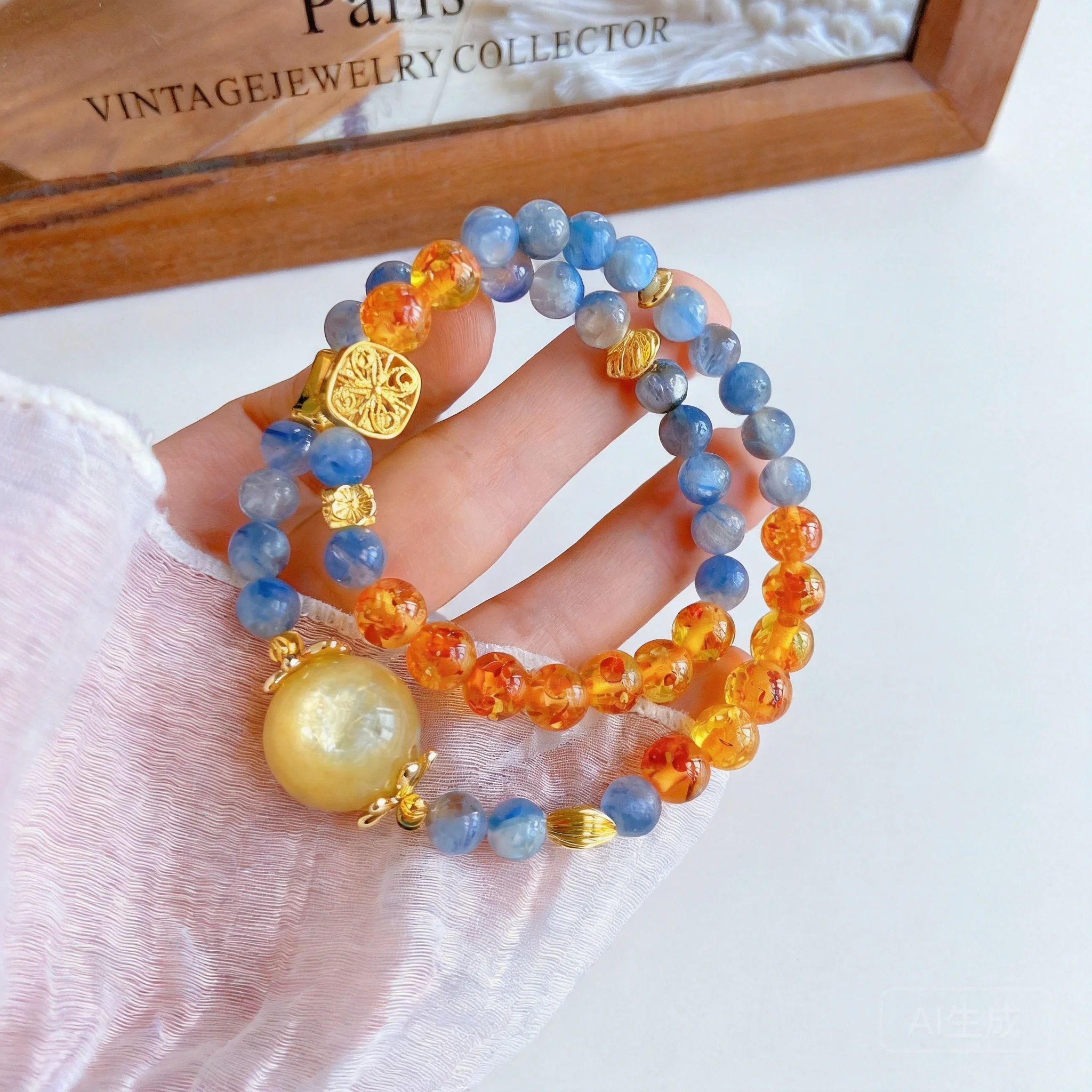 Chinese Style Good Luck Natural Blue Kyanite Flower Amber Golden Lepidolite Double Layer Beaded Bracelet Van Gogh Starry Sky For