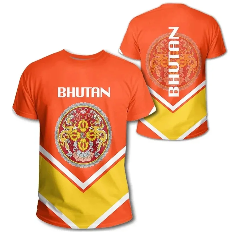 Kingdom Of Bhutan Map Flag 3D Print T Shirt Bhutan Coat Of Arms Graphic T-shirts Men Fashion Streetwear Short Sleeves Tee Shirts