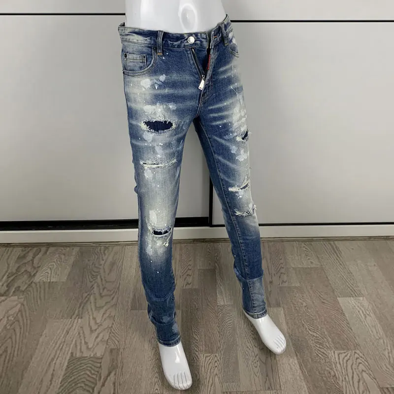Street Fashion Men Jeans High Quality Retro Washed Blue Stretch Slim Fit Ripped Jeans Men Painted Designer Hip Hop Brand Pants