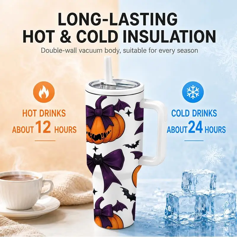 1pc 40oz 304 Stainless Steel Hand-held Cup Halloween Pumpkin And Purple Bow Bat Print Insulated Tumbler with Handle And Straw for Home Office Outdoor Travel Suitable Gifts for Halloween Christmas And Other Special Festivals
